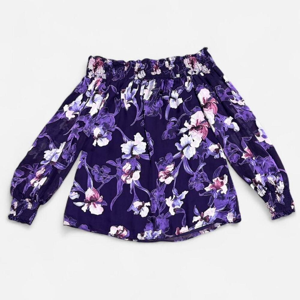 White House Black Market Purple Silk Blend Floral Burnout Off the Shoulder Top - Picture 6 of 8